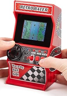 Mini Arcade Racing Machine: Handheld Console with 30 Pre-loaded 8-Bit Games, 2.4" LCD Screen, Steering Wheel, Gear Stick, Control Buttons, Games Console by Thumbs Up!