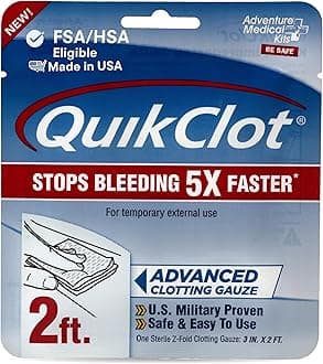 Adventure Medical Kits QuikClot Advanced Clotting Gauze - Stops Bleeding Up to 5X Faster Than Standard Gauze - Kaolin Hemostatic Dressing - for First Aid Kits & Survival Gear - 3 x 24