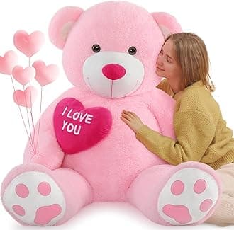 MorisMos Giant Teddy Bear with heart I Love You, XXL 130cm Pink Teddy Bear Bi...